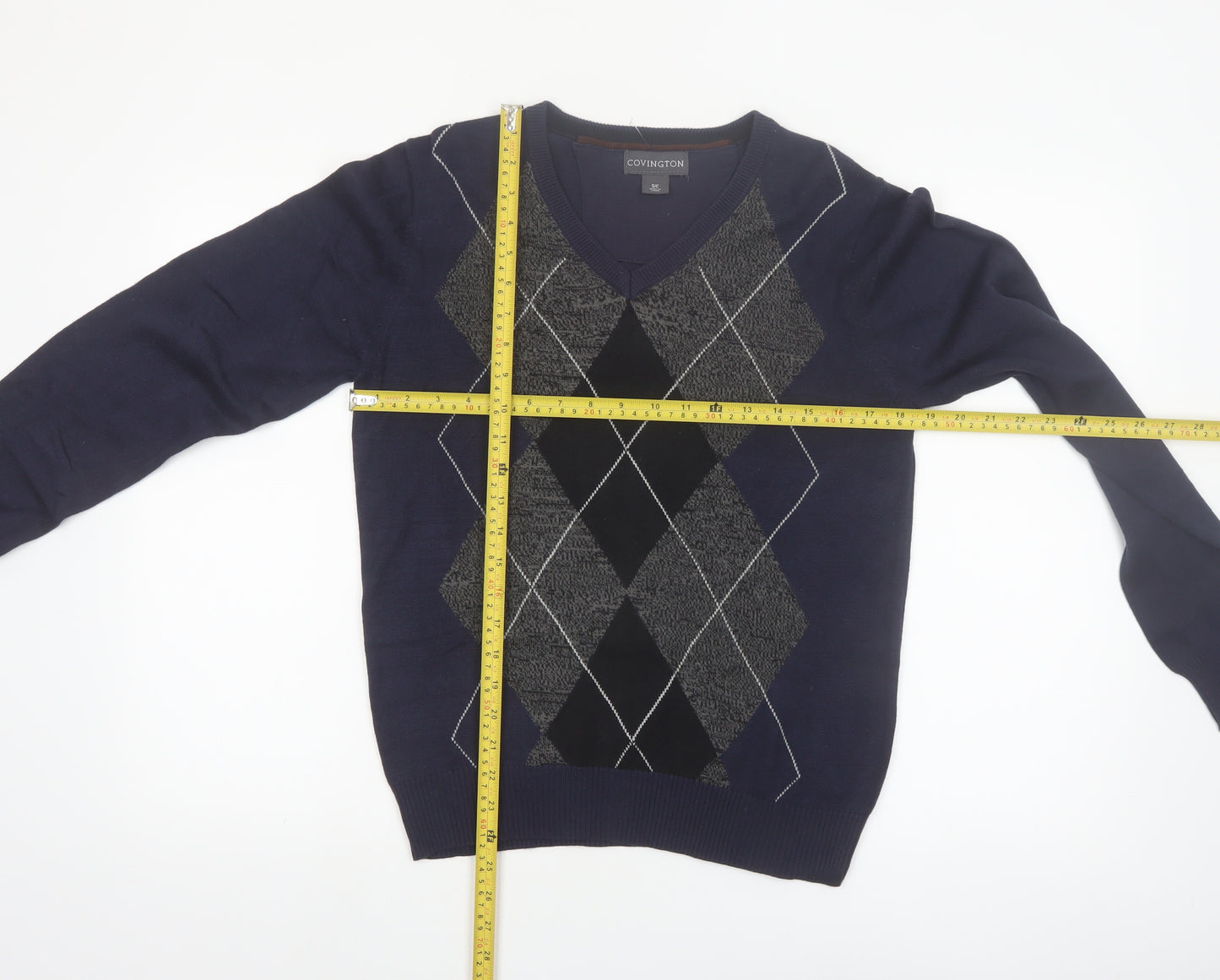 Covington Men's Blue Argyle V-Neck Cotton Blend Jumper Size S