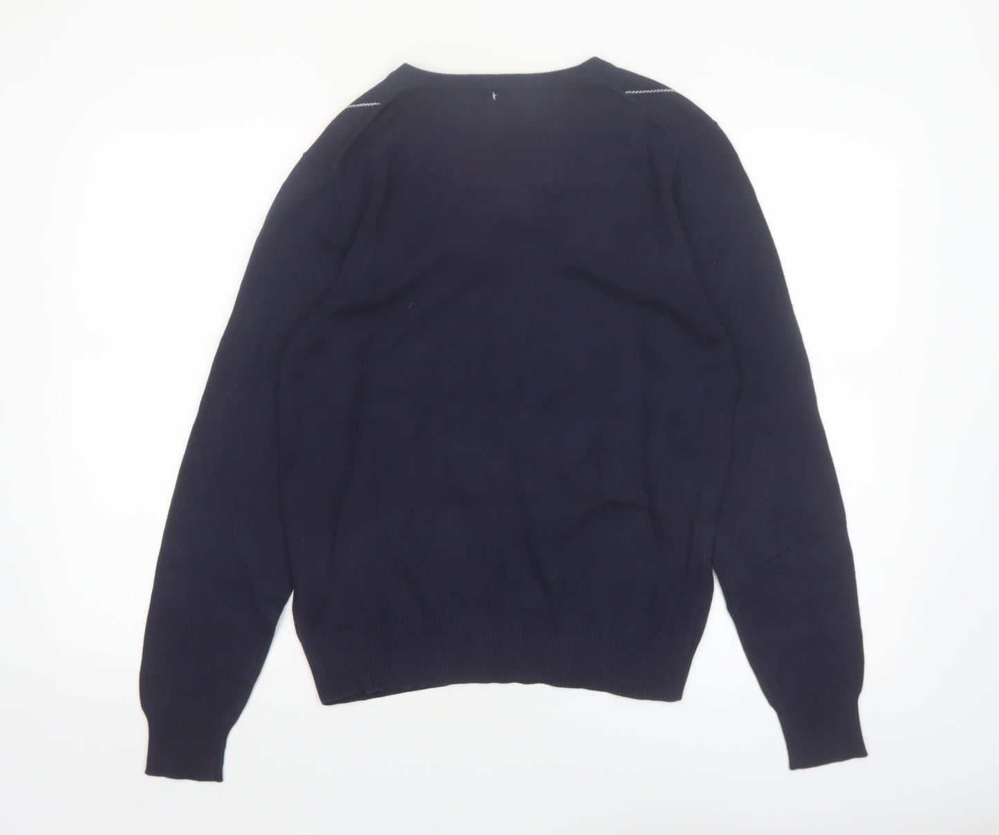 Covington Men's Blue Argyle V-Neck Cotton Blend Jumper Size S