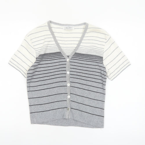 Ever Blue Women Grey White Striped Short Sleeve Cardigan M