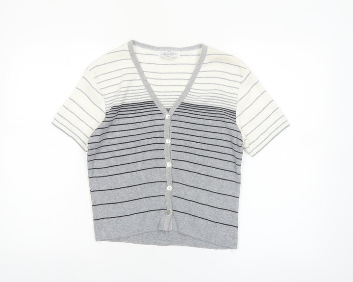 Ever Blue Women Grey White Striped Short Sleeve Cardigan M