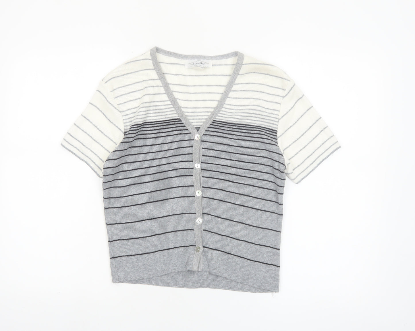 Ever Blue Women Grey White Striped Short Sleeve Cardigan M