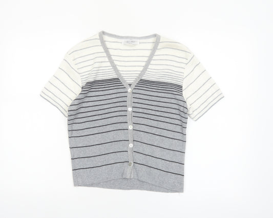 Ever Blue Women Grey White Striped Short Sleeve Cardigan M