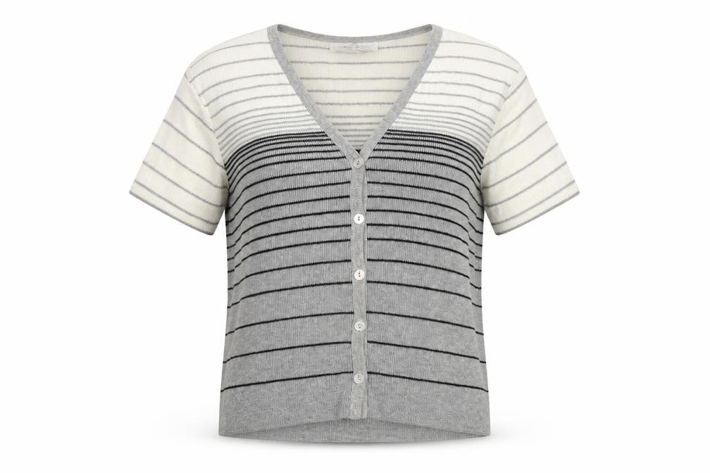 Front view of Ever Blue Women Grey White Striped Short Sleeve Cardigan M