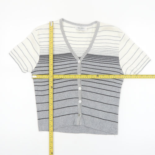 Ever Blue Women Grey White Striped Short Sleeve Cardigan M