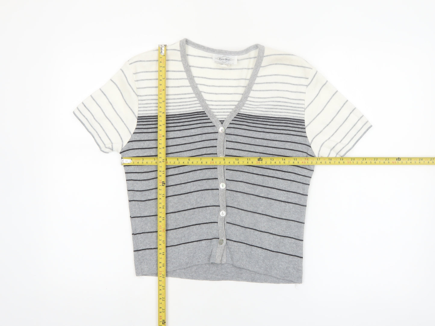 Ever Blue Women Grey White Striped Short Sleeve Cardigan M