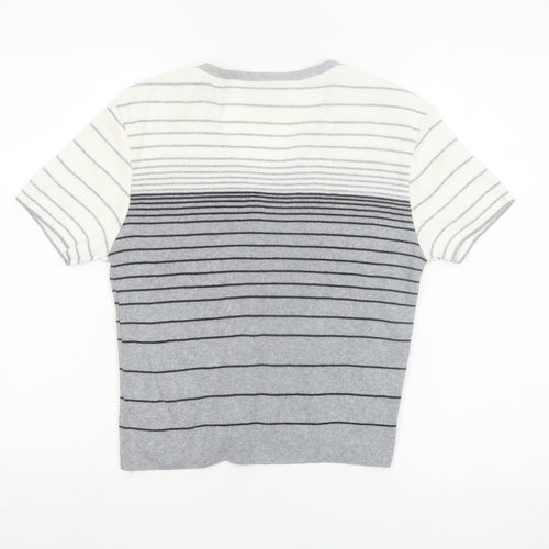 Ever Blue Women Grey White Striped Short Sleeve Cardigan M