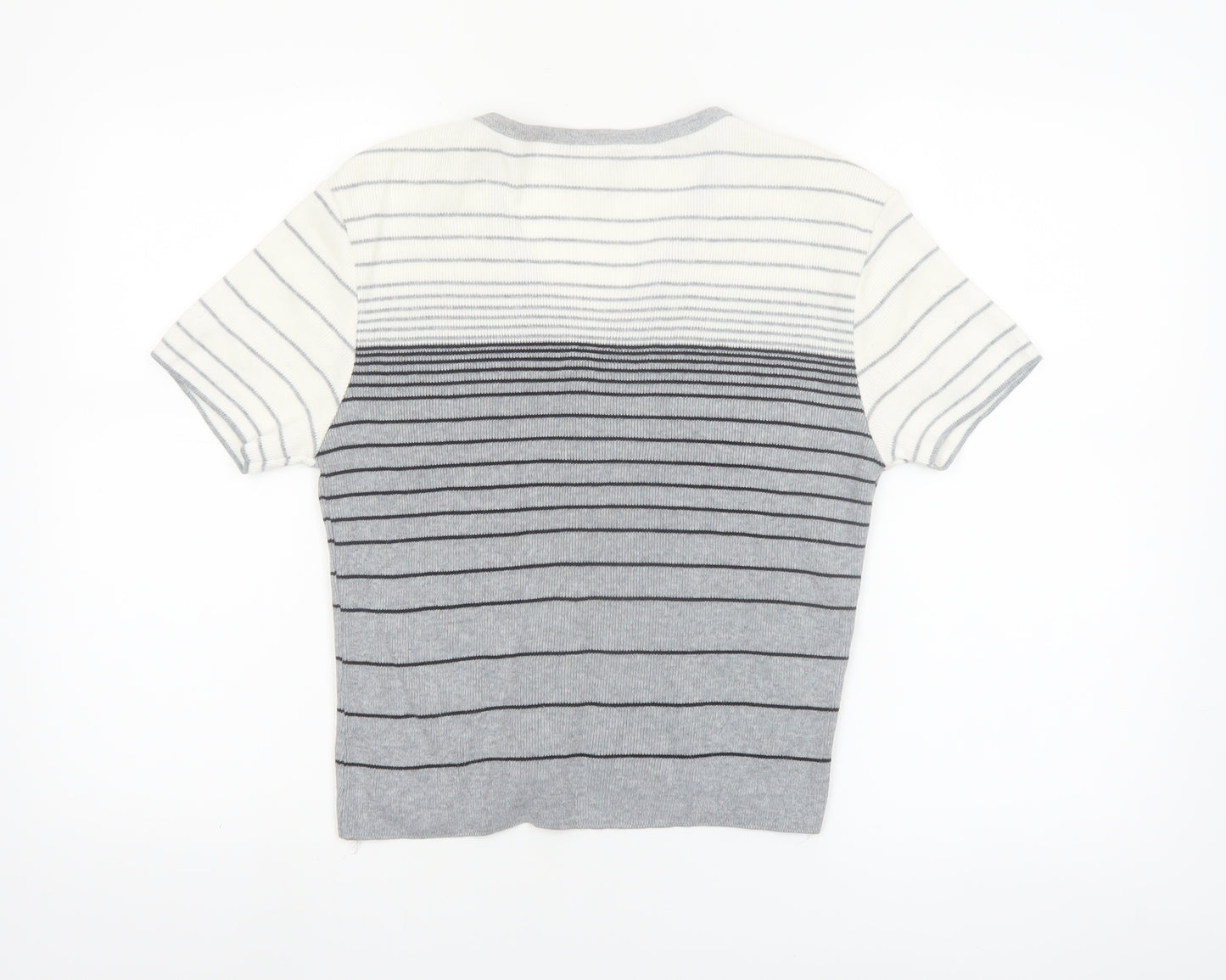 Ever Blue Women Grey White Striped Short Sleeve Cardigan M