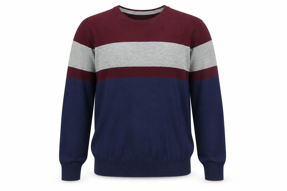 Front view of IZOD Men's Blue Maroon Grey Crew Neck Striped jumper M