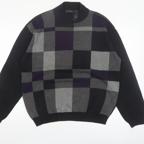 Axcess Men Black Grey Check Acrylic Cotton Crew Neck Jumper L