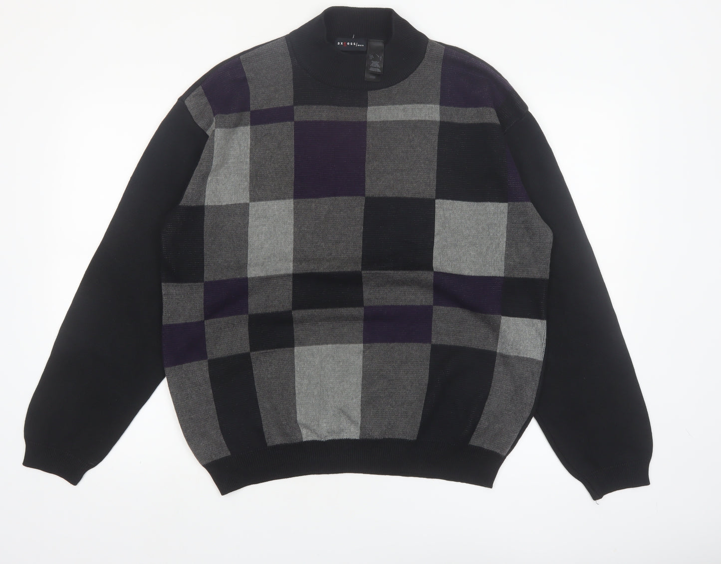 Axcess Men Black Grey Check Acrylic Cotton Crew Neck Jumper L