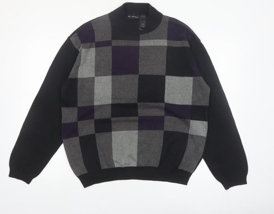 Axcess Men Black Grey Check Acrylic Cotton Crew Neck Jumper L