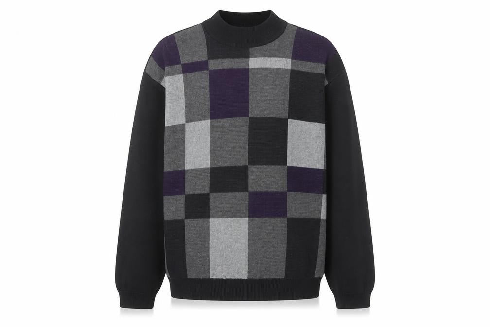 Front view of Axcess Men Black Grey Check Acrylic Cotton Crew Neck Jumper L