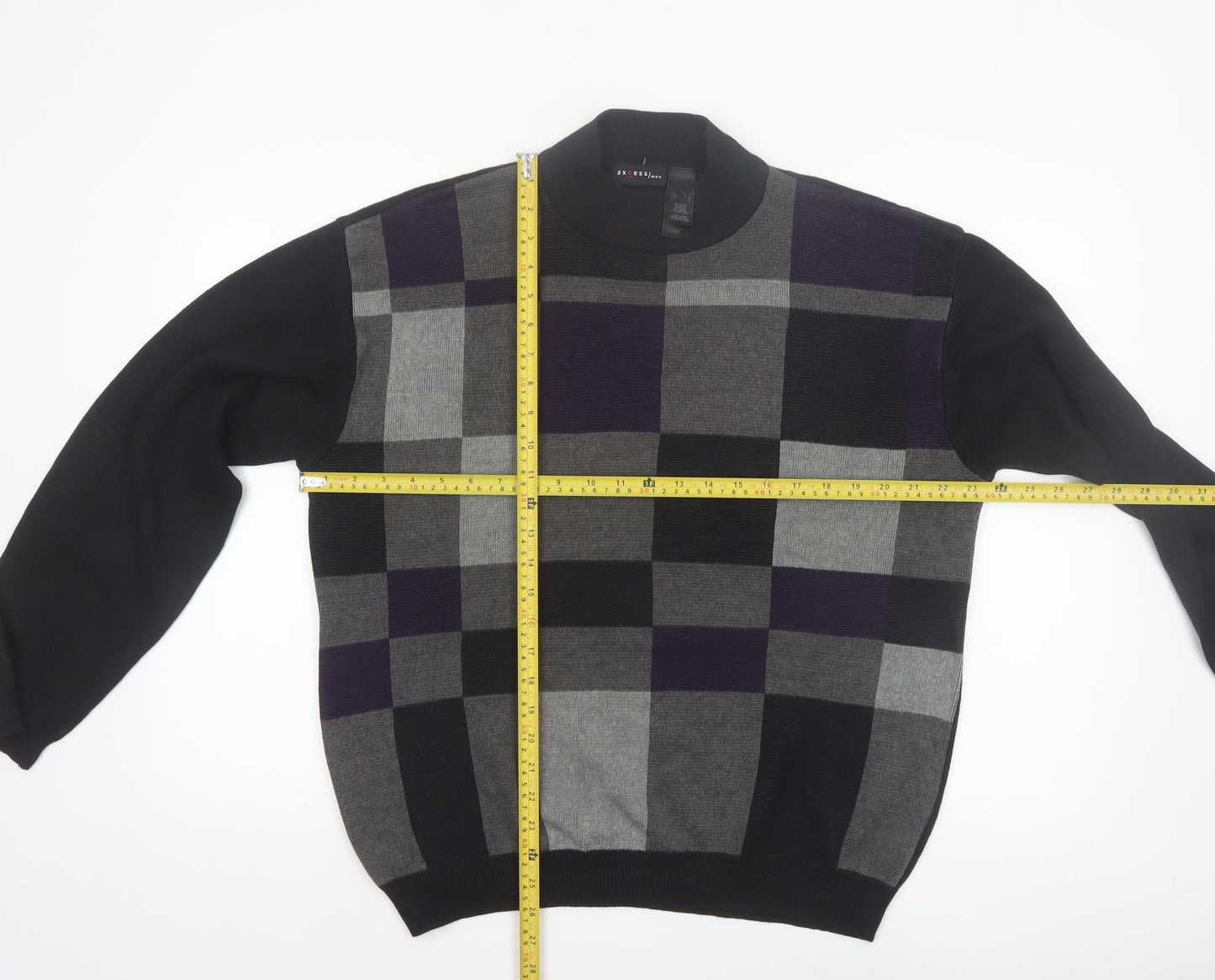 Axcess Men Black Grey Check Acrylic Cotton Crew Neck Jumper L