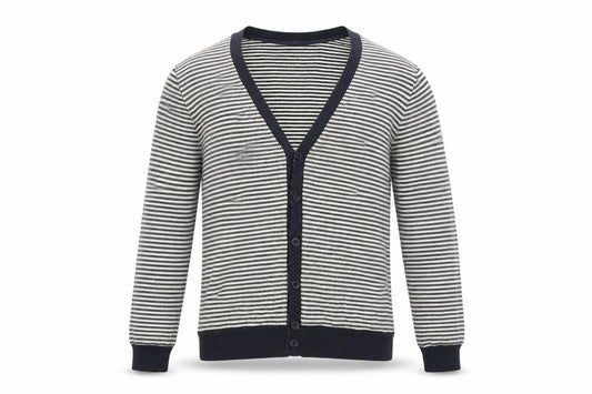 Front view of Tristan Men's Blue Striped Cotton Blend V-Neck Cardigan M