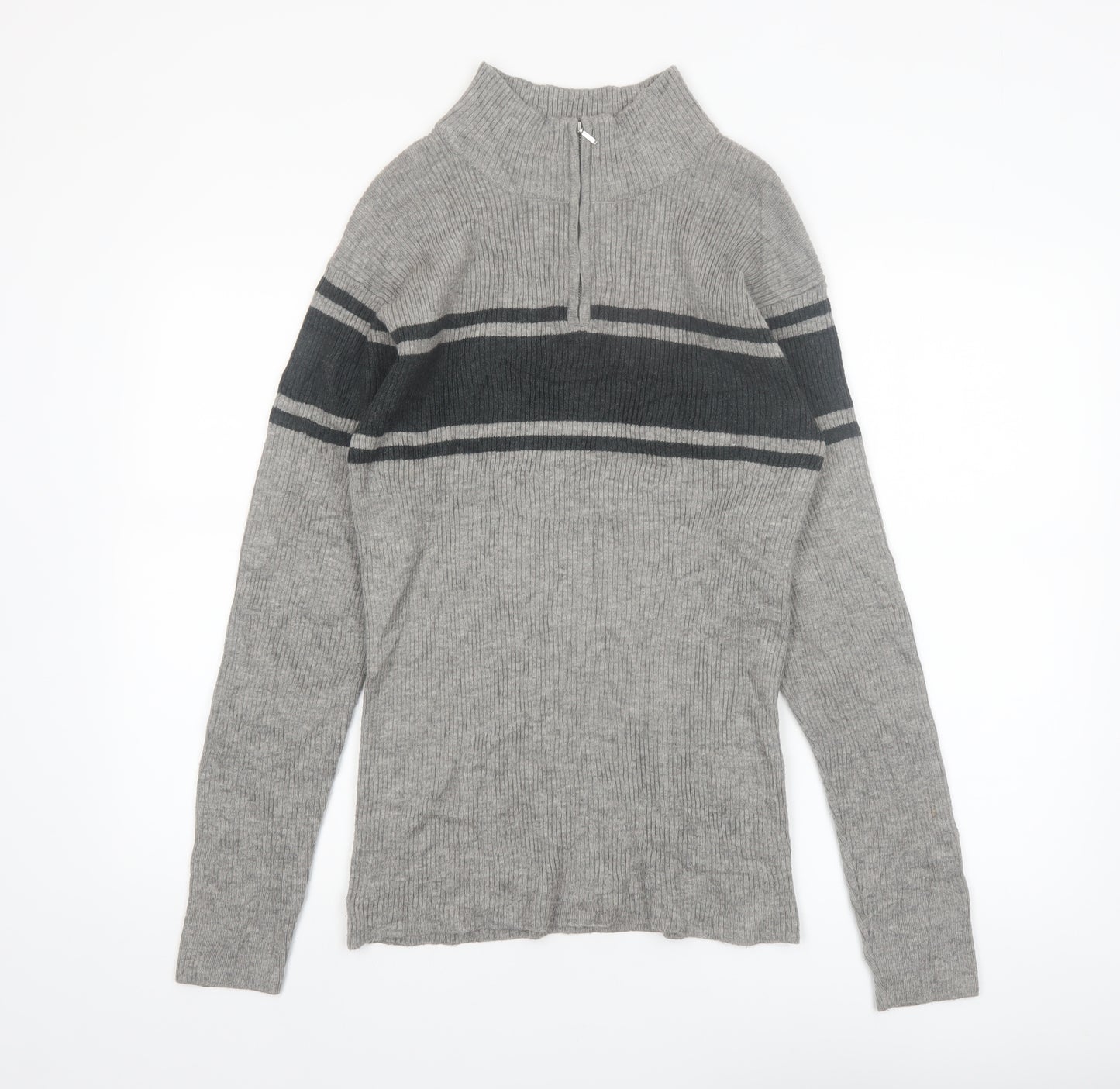 PLUS SUNNY Men's Grey XL Half Zip Ribbed Knit Jumper
