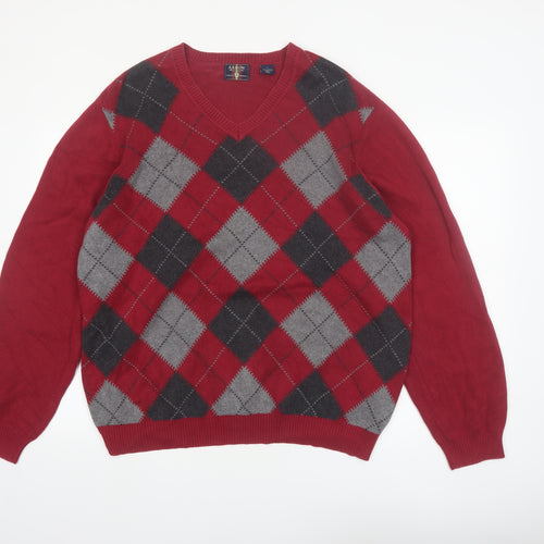 Arrow Men's Red Argyle V-Neck Cotton Knit Jumper Size L