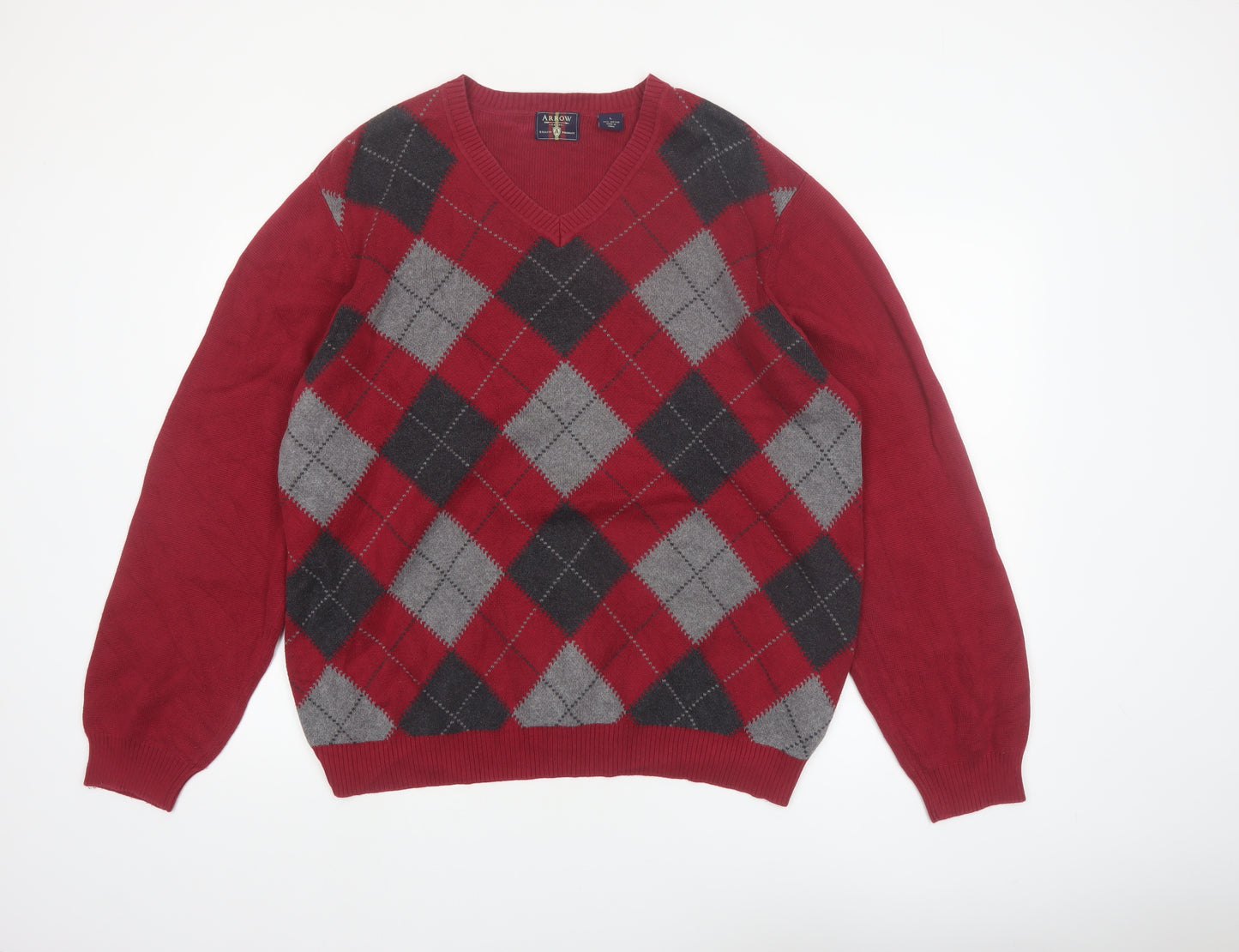 Arrow Men's Red Argyle V-Neck Cotton Knit Jumper Size L