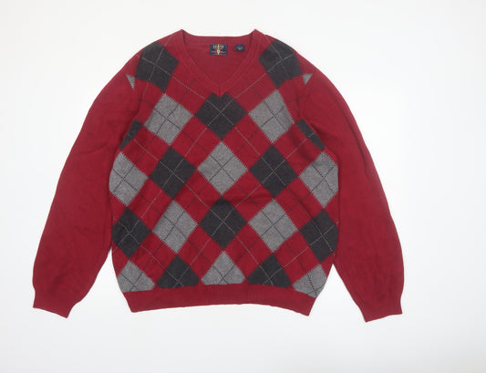 Arrow Men's Red Argyle V-Neck Cotton Knit Jumper Size L