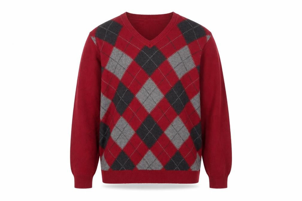 Front view of Arrow Men's Red Argyle V-Neck Cotton Knit Jumper, size L