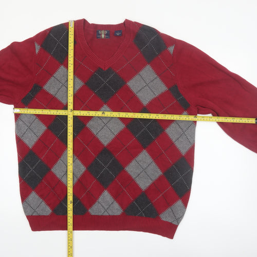 Arrow Men's Red Argyle V-Neck Cotton Knit Jumper Size L