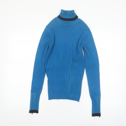 Cache Women Blue Roll Neck Ribbed Silk Blend Jumper Medium