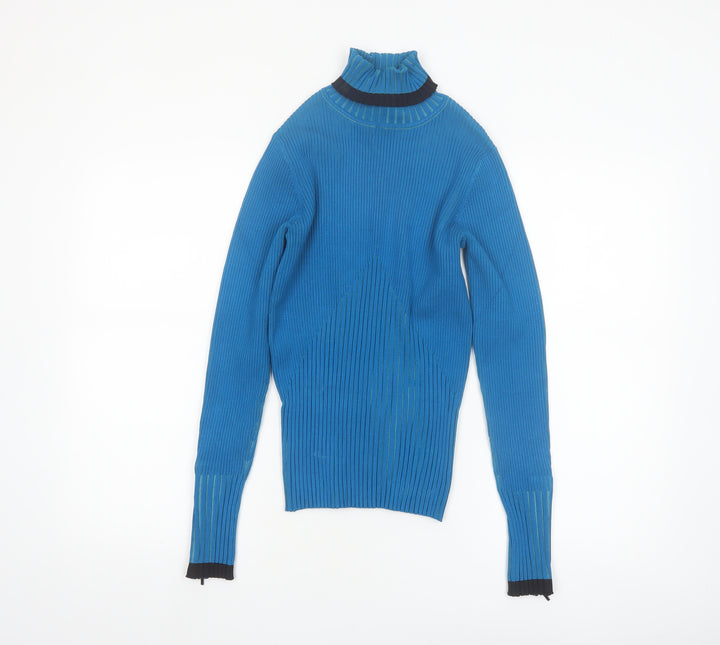 Cache Women Blue Roll Neck Ribbed Silk Blend Jumper Medium