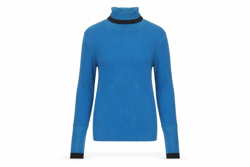 Front view of Cache Women Blue Roll Neck Ribbed Silk Blend Jumper Medium