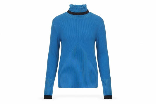 Front view of Cache Women Blue Roll Neck Ribbed Silk Blend Jumper Medium