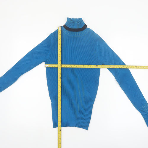 Cache Women Blue Roll Neck Ribbed Silk Blend Jumper Medium