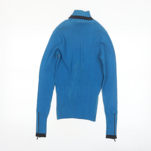 Cache Women Blue Roll Neck Ribbed Silk Blend Jumper Medium