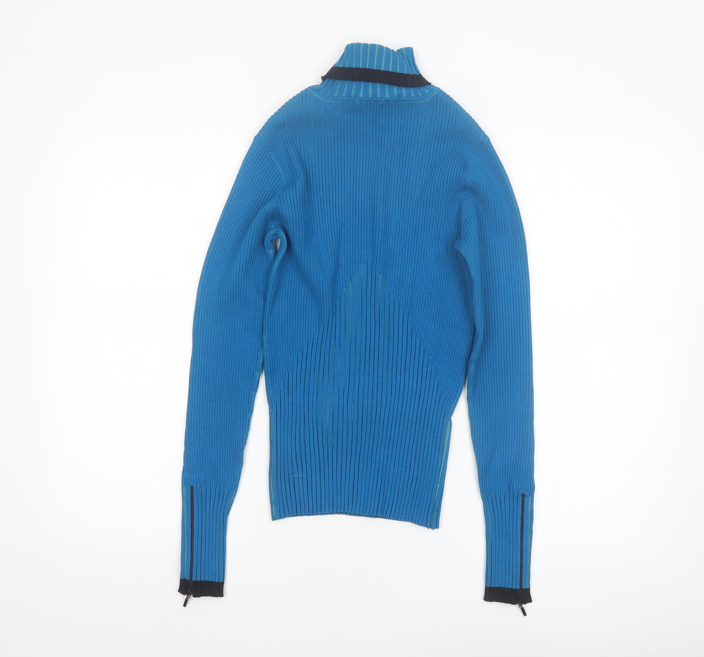 Cache Women Blue Roll Neck Ribbed Silk Blend Jumper Medium