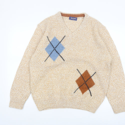 New Look Italy Men's Beige Argyle Wool Blend V-Neck Jumper M