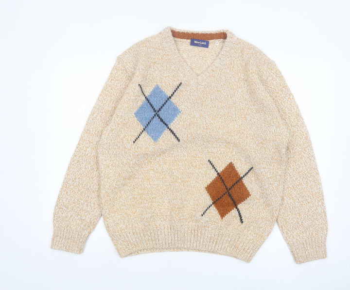 New Look Italy Men's Beige Argyle Wool Blend V-Neck Jumper M