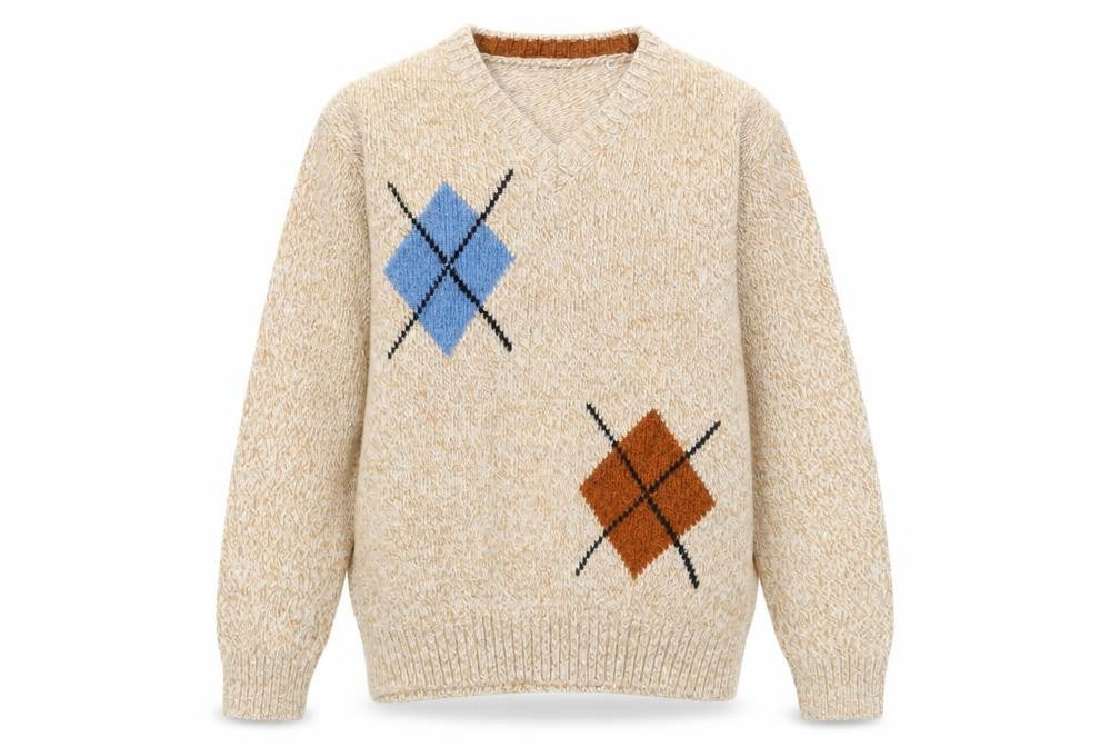 Front view of New Look Italy Men's Beige Argyle Wool Blend V-Neck Jumper M