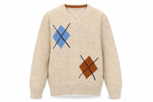 Front view of New Look Italy Men's Beige Argyle Wool Blend V-Neck Jumper M