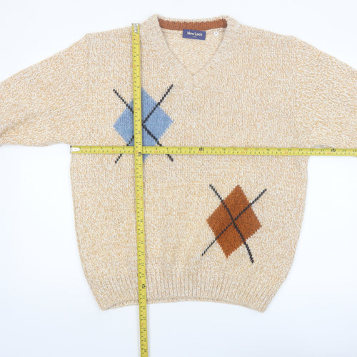New Look Italy Men's Beige Argyle Wool Blend V-Neck Jumper M