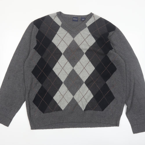 Arrow Men's Grey Argyle V-Neck Cotton Jumper Size L