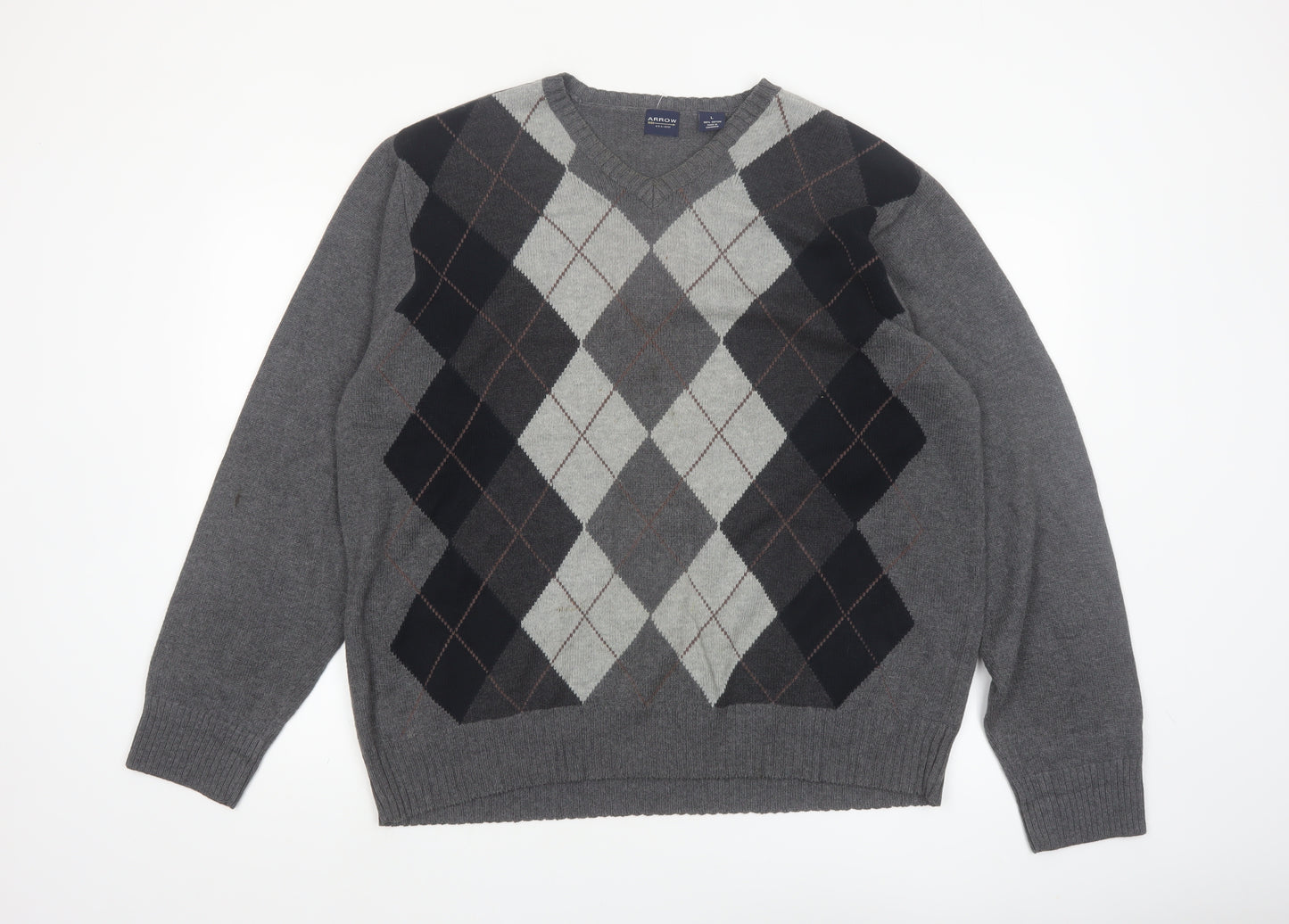 Arrow Men's Grey Argyle V-Neck Cotton Jumper Size L