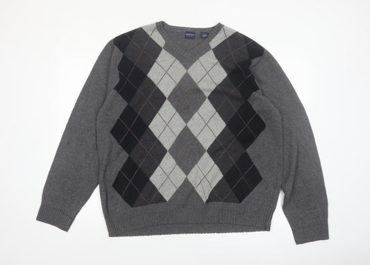 Arrow Men's Grey Argyle V-Neck Cotton Jumper Size L