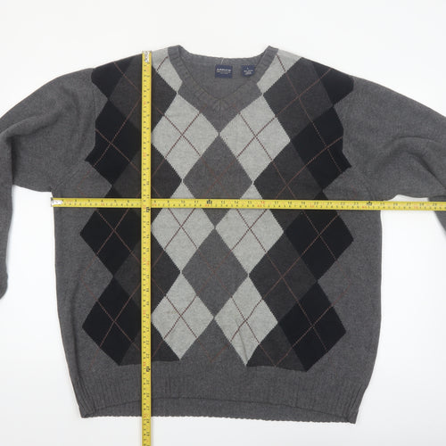 Arrow Men's Grey Argyle V-Neck Cotton Jumper Size L
