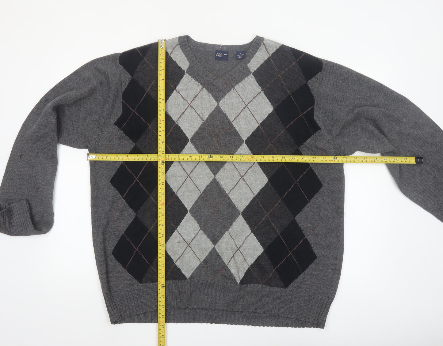 Arrow Men's Grey Argyle V-Neck Cotton Jumper Size L