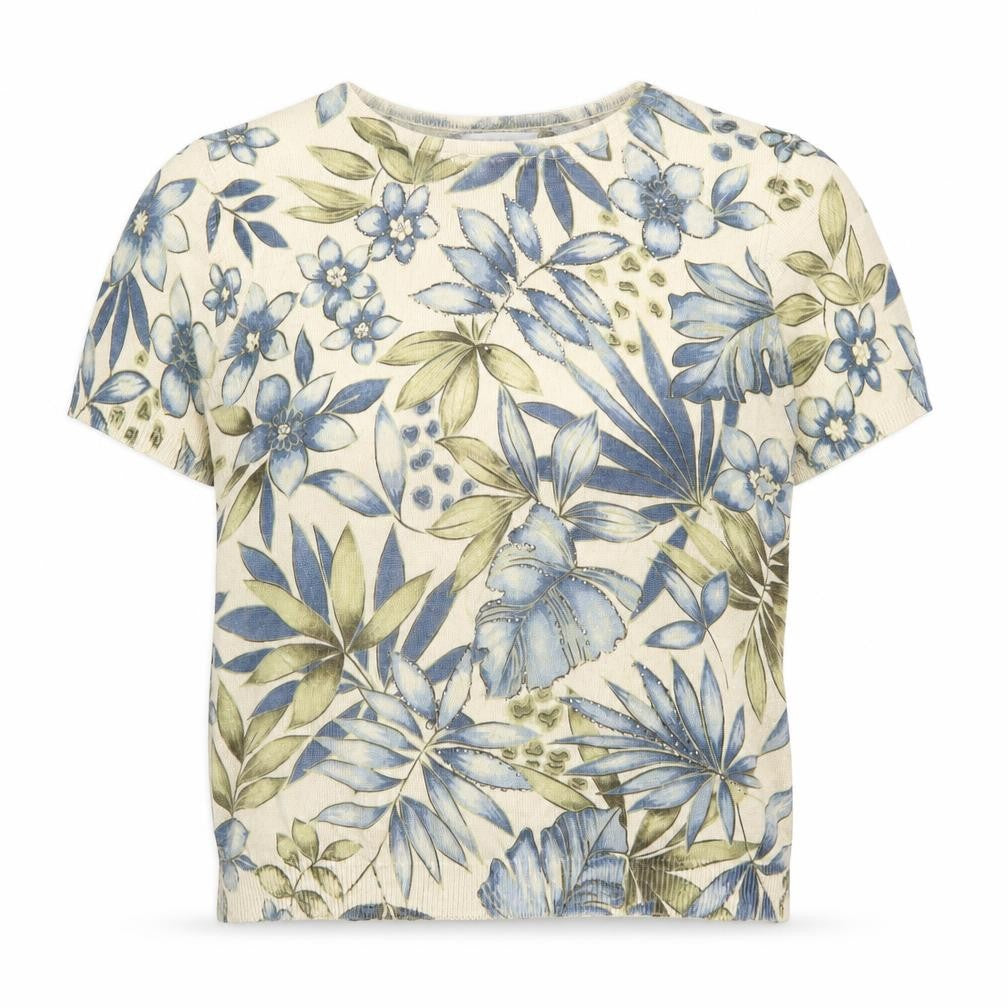 Front view of Alfred Dunner women’s petite multicoloured floral knit short sleeve jumper, size S