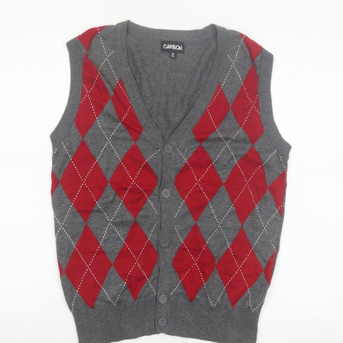 Carbon Men's Grey Red Argyle Knit Sleeveless Cardigan Vest S