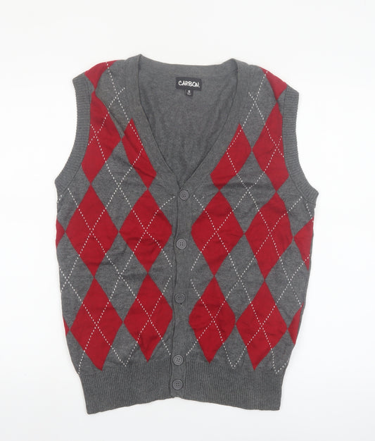 Carbon Men's Grey Red Argyle Knit Sleeveless Cardigan Vest S