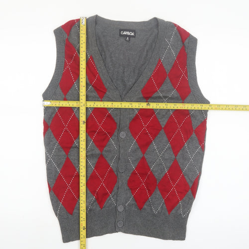Carbon Men's Grey Red Argyle Knit Sleeveless Cardigan Vest S