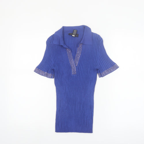 Cable & Gauge Women's Blue Silk Blend Studded Henley Jumper - Size M