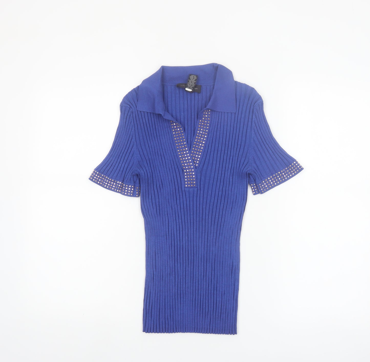 Cable & Gauge Women's Blue Silk Blend Studded Henley Jumper - Size M