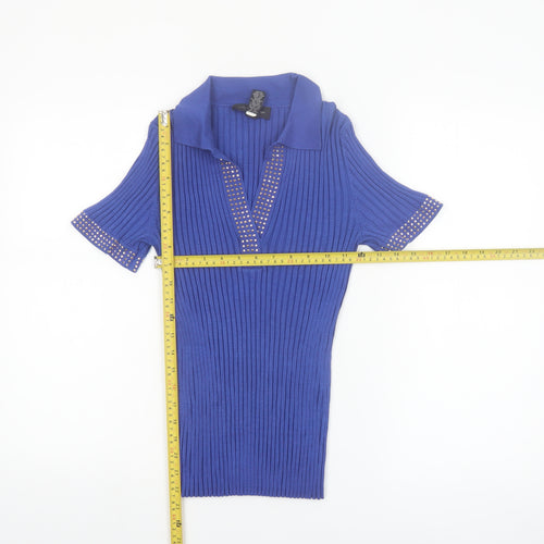 Cable & Gauge Women's Blue Silk Blend Studded Henley Jumper - Size M