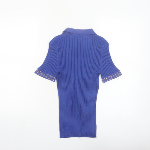 Cable & Gauge Women's Blue Silk Blend Studded Henley Jumper - Size M