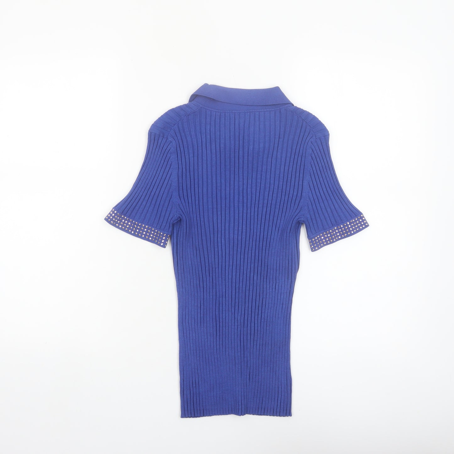 Cable & Gauge Women's Blue Silk Blend Studded Henley Jumper - Size M